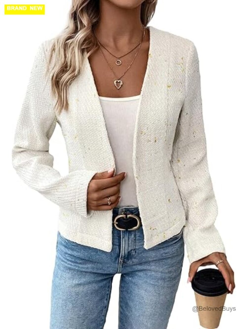 Collarless Open Front Tweed Blazer - Lightweight Business Casual Jacket